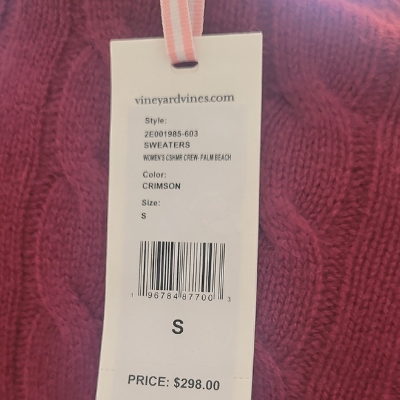Cashmere Vineyard Vines Crimson Crew Neck Sweater with Cable Knit - Picture 2 of 5